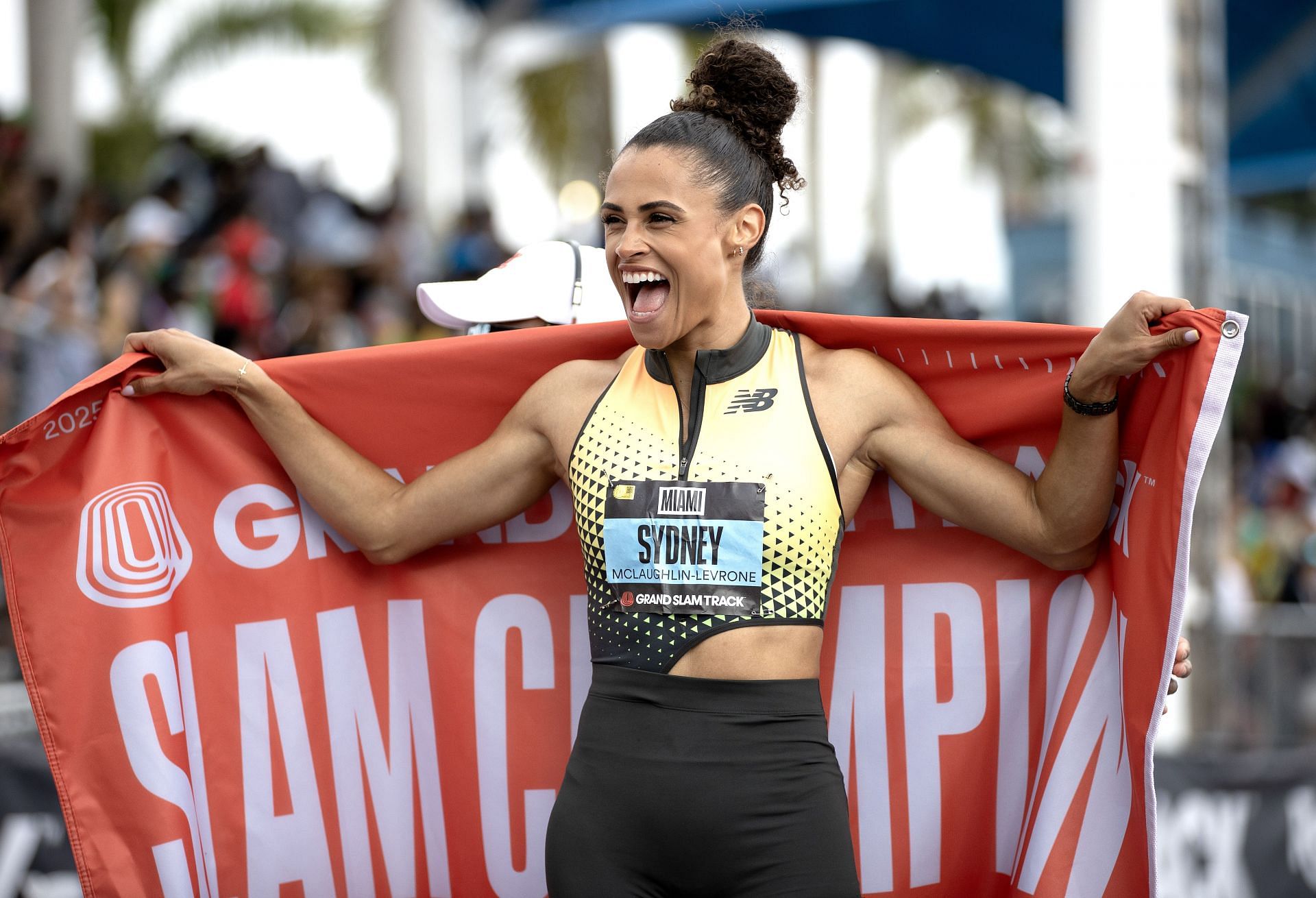 Sydney McLaughlin-Levrone celebrates after winning 400m long hurdles at Grand Slam Track Miami in Miramar, FL. (Photo by Michael Pimentel/ISI Photos/Getty Images)